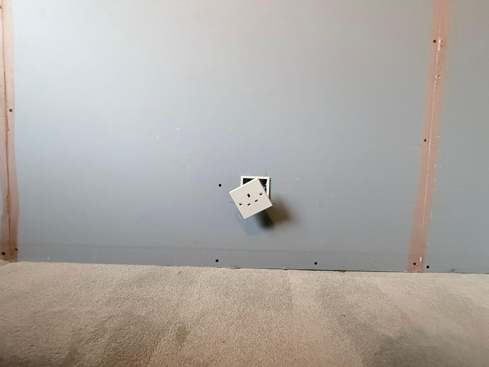 Socket re-set proud of new acoustic boards on Styebank Lane soundproofing job