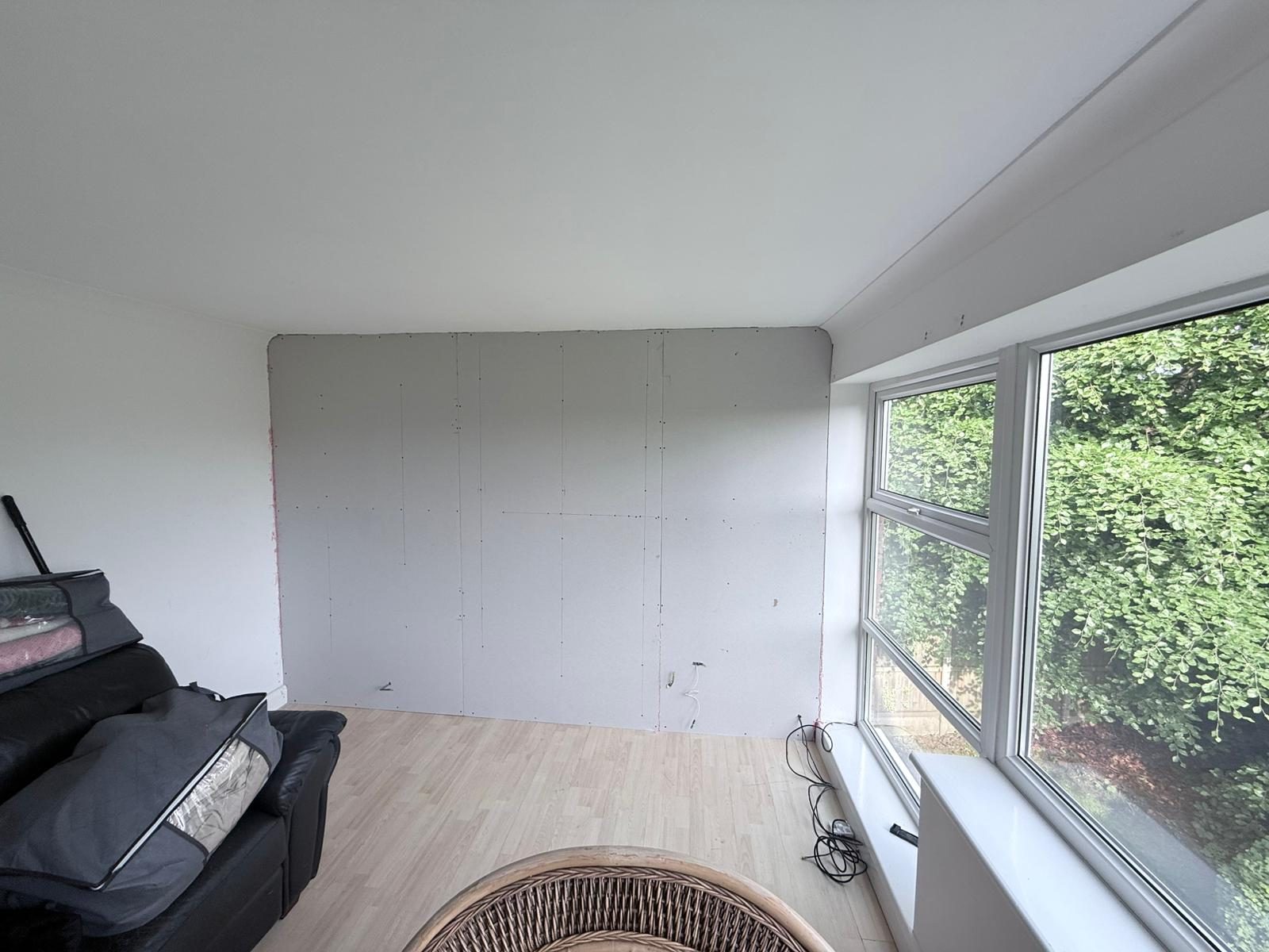 Lounge external wall plasterboarded over IWI build-up, Wyncliffe Court Roundhay